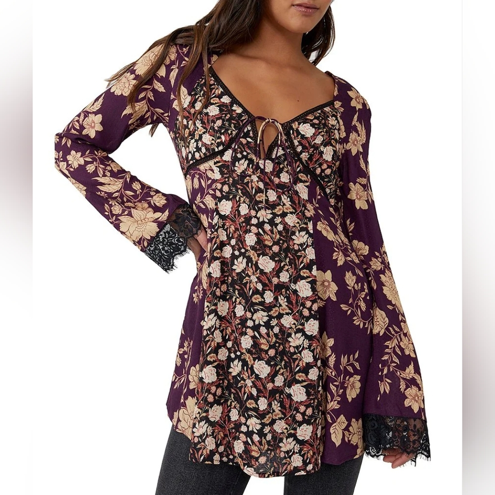 NEW Free People Odette Floral Long Sleeve Tunic Wine Cream